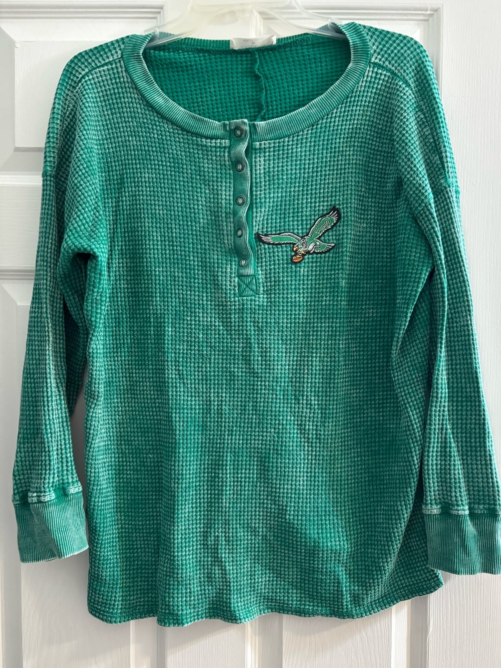 Philadelphia Eagles Zenana Outfitters Teal Green Waffle Henley with Eagle Patch